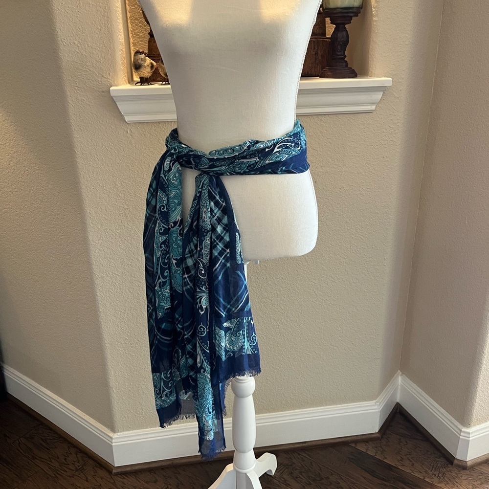 Talbots Teal and Navy White Paisley and Plaid Pattern Blue Tones Lightweight - Picture 9 of 10